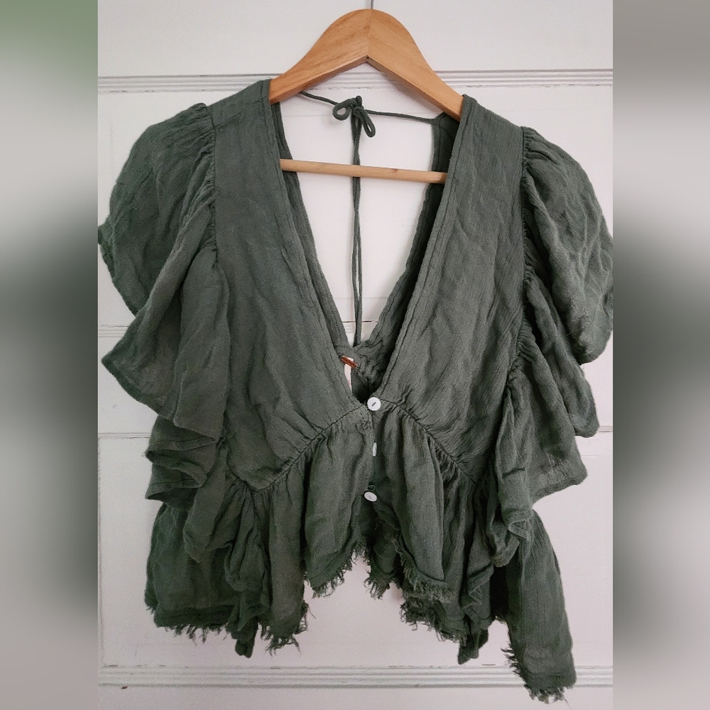 Free People Low Cut Green Ruffle Top